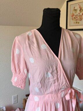 J glee Baby pink polka dot wrap dress shirred sz med cottagecore coquette